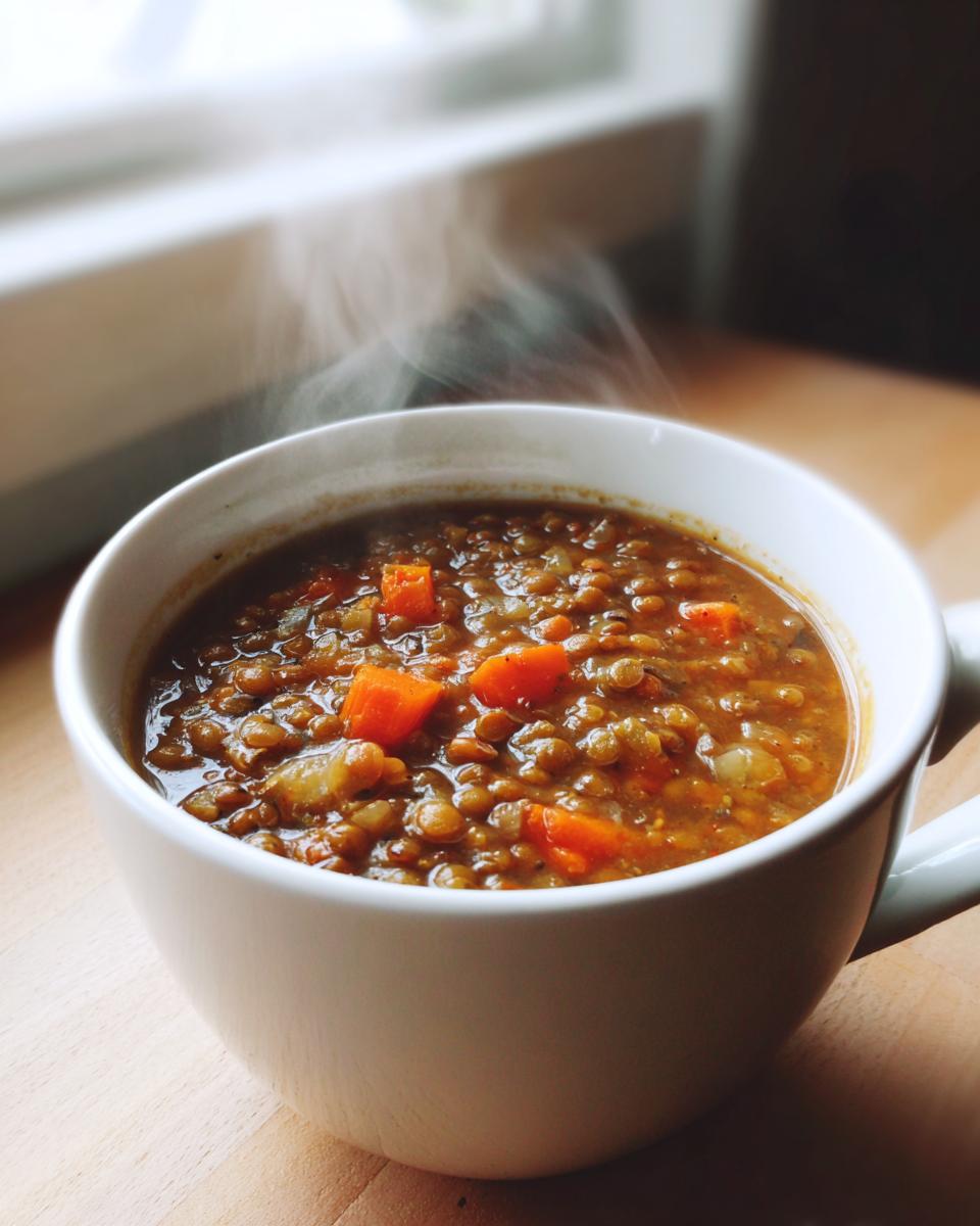 Close-up of a steaming white mug filled with hearty lentil soup featuring visible carrots and lentils.