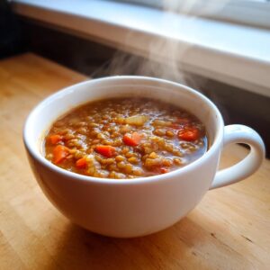 Close-up of a steaming white mug filled with hearty lentil soup, showing lentils, carrots, and onions.