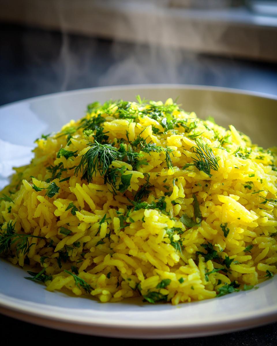 Close-up of hot, yellow mediterranean rice garnished generously with fresh chopped dill and parsley.