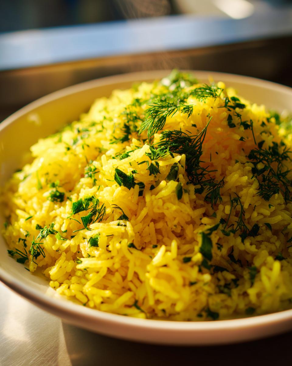 Close-up of a steaming bowl filled with bright yellow mediterranean rice, garnished generously with fresh chopped parsley and dill.