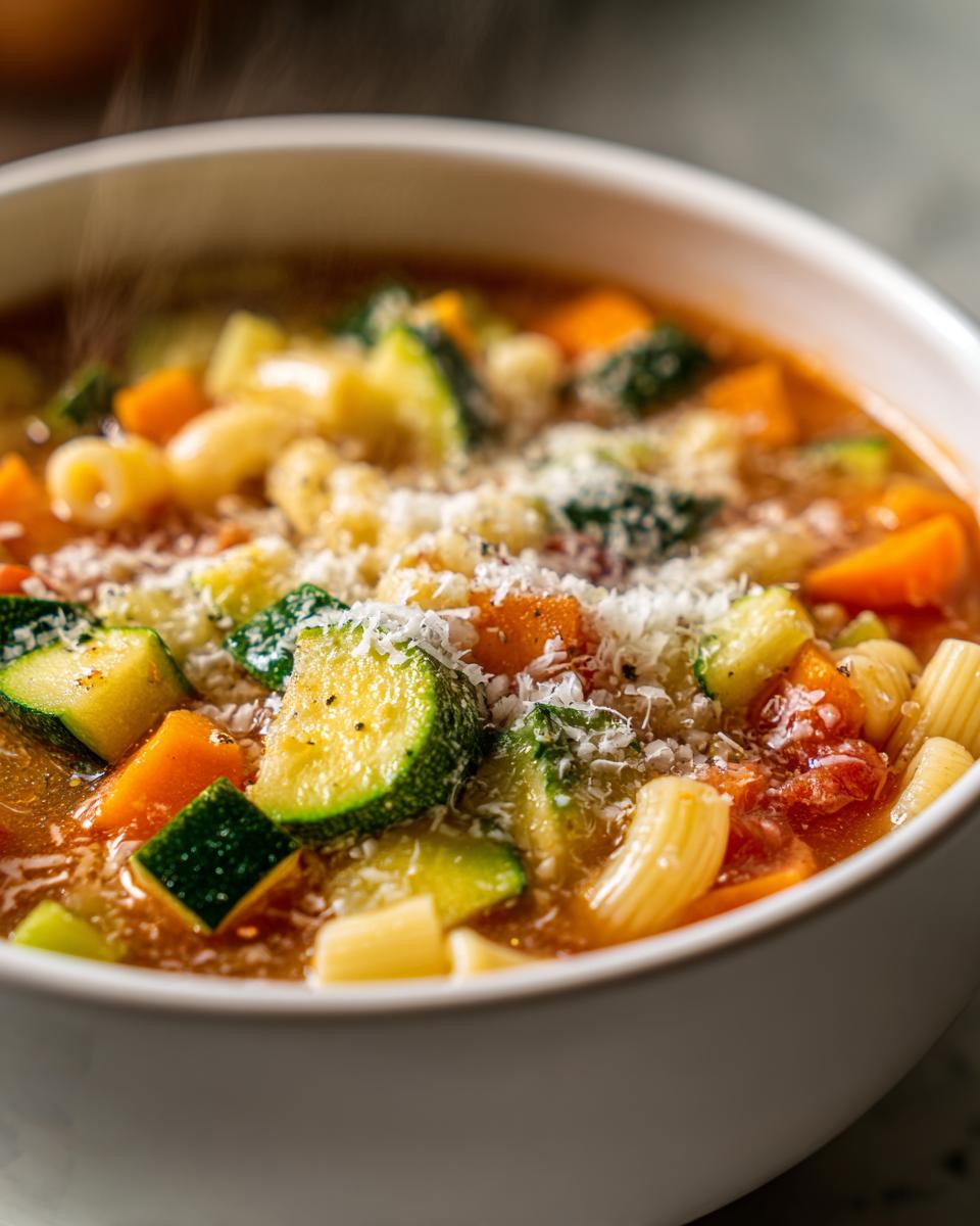 Close-up of a steaming white bowl filled with hearty minestrone soup, featuring zucchini, carrots, pasta, and grated Parmesan cheese.