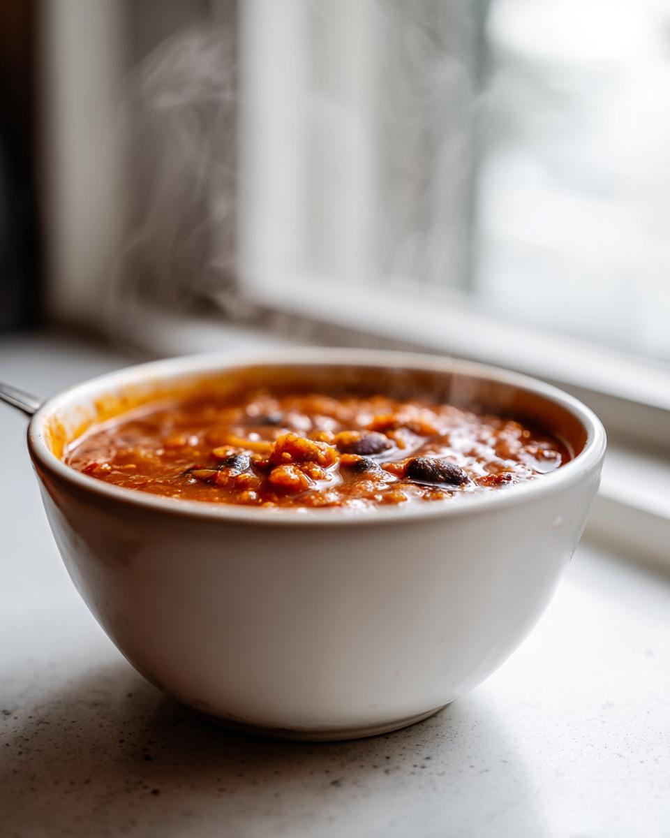 A white bowl filled with hot, steaming pumpkin chili featuring black beans, set near a bright window.
