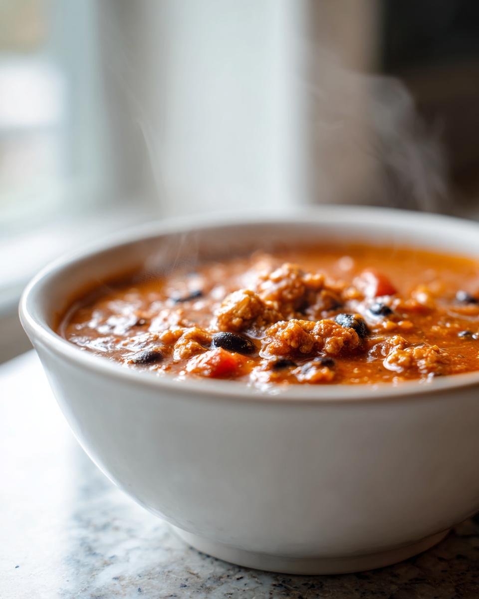 Close-up of a steaming white bowl filled with rich, hearty pumpkin chili containing ground meat and black beans.