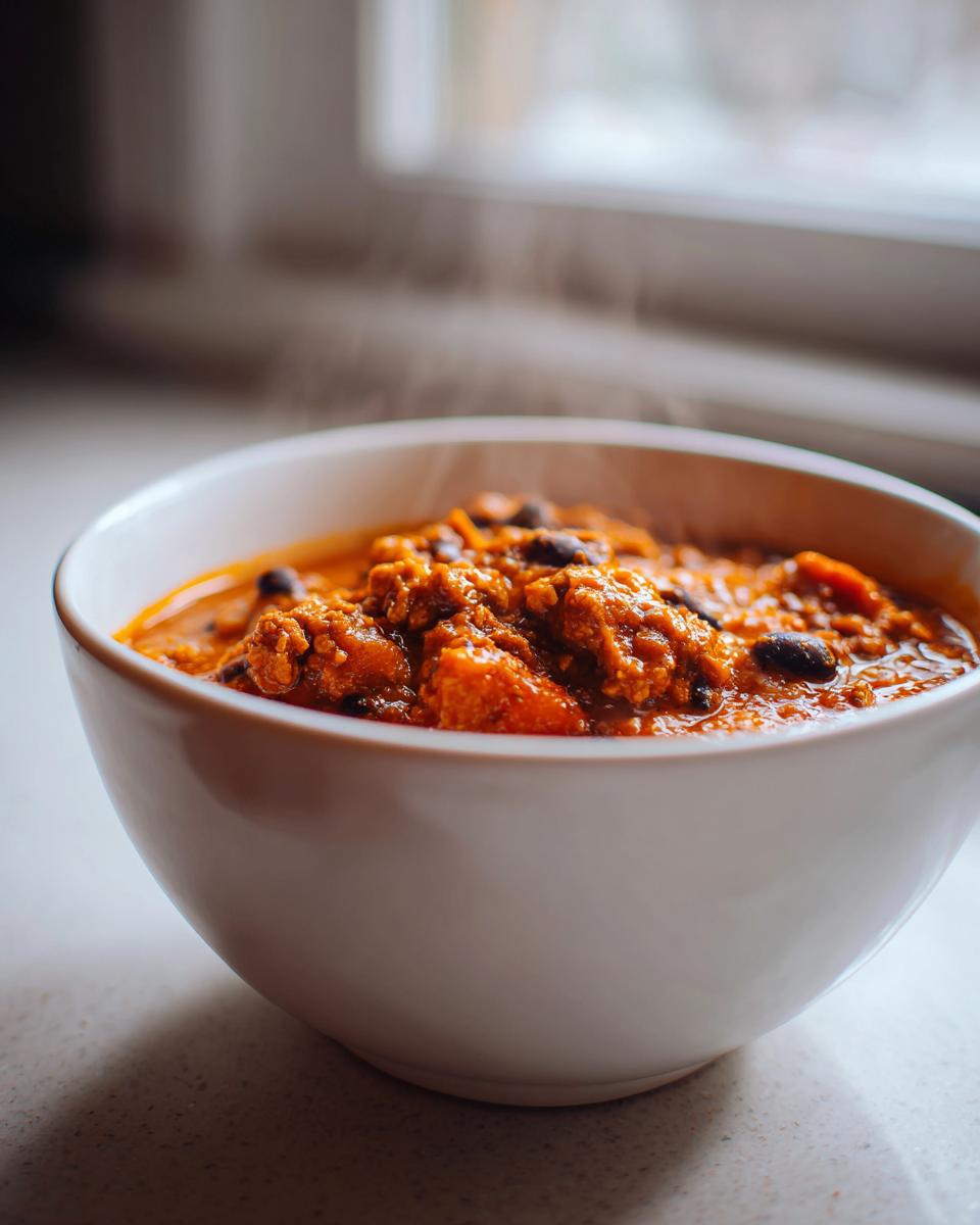 A close-up of a steaming white bowl filled with rich, orange-red pumpkin chili and black beans.