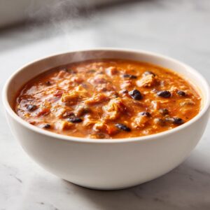 Close-up of a steaming white bowl filled with thick, orange-red pumpkin chili containing black beans and chunks of meat or squash.
