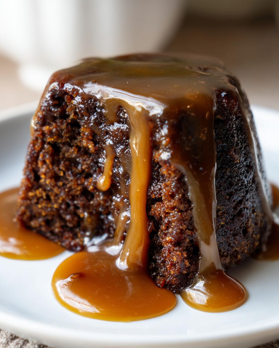 Close-up of a rich, dark sticky toffee pudding recipe covered in thick, flowing toffee sauce on a white plate.