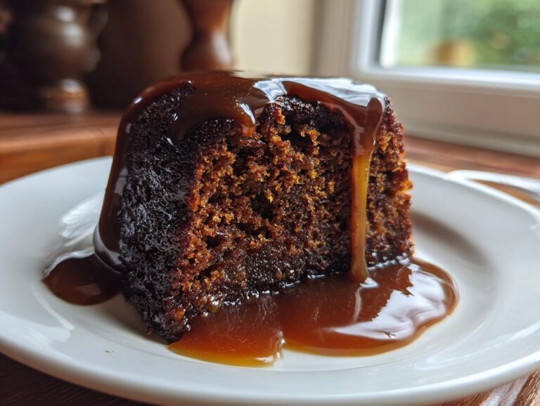 A close-up of a rich, dark slice of sticky toffee pudding recipe smothered in warm toffee sauce.