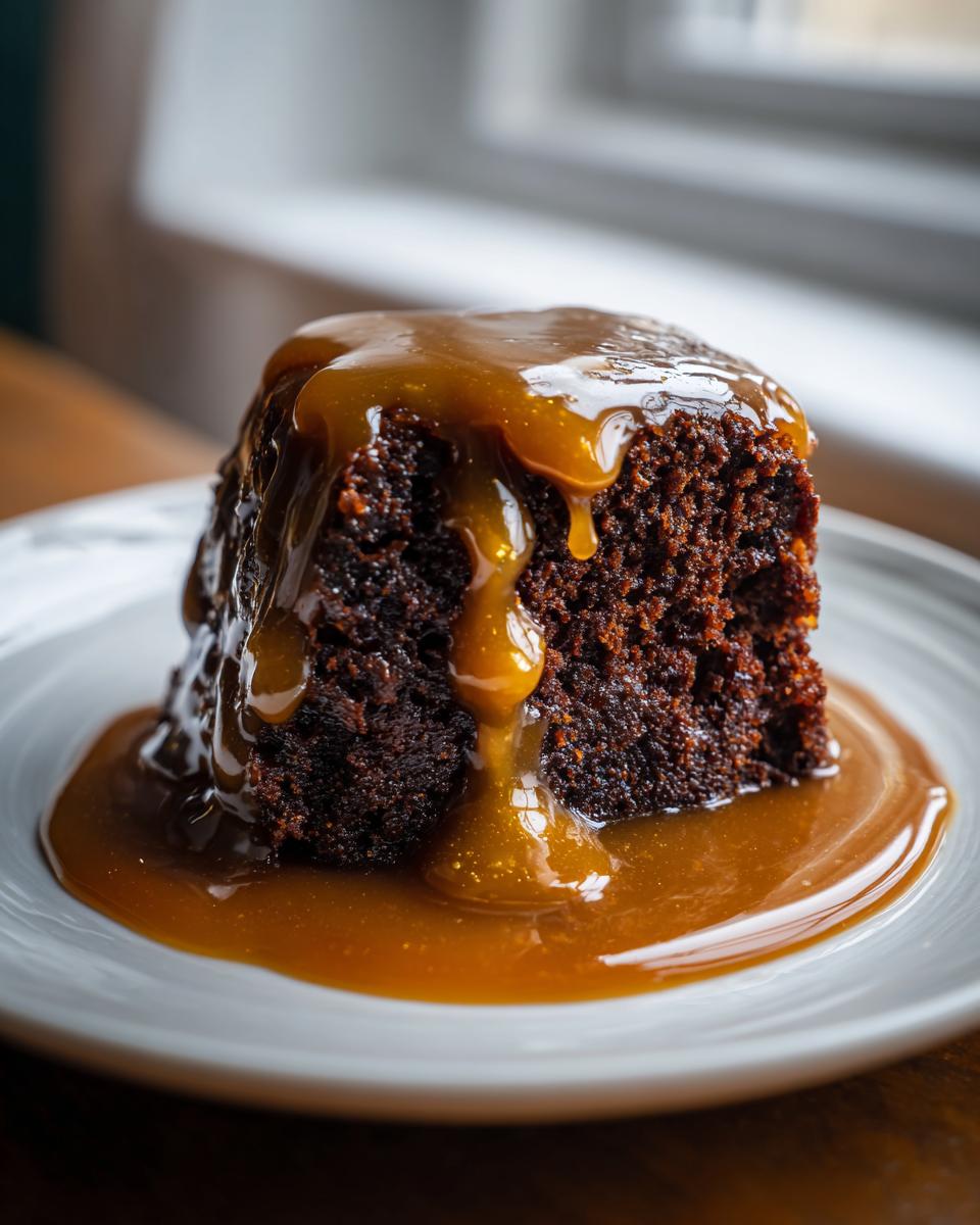 A rich, dark square of sticky toffee pudding recipe cake drenched in thick, glossy toffee sauce.