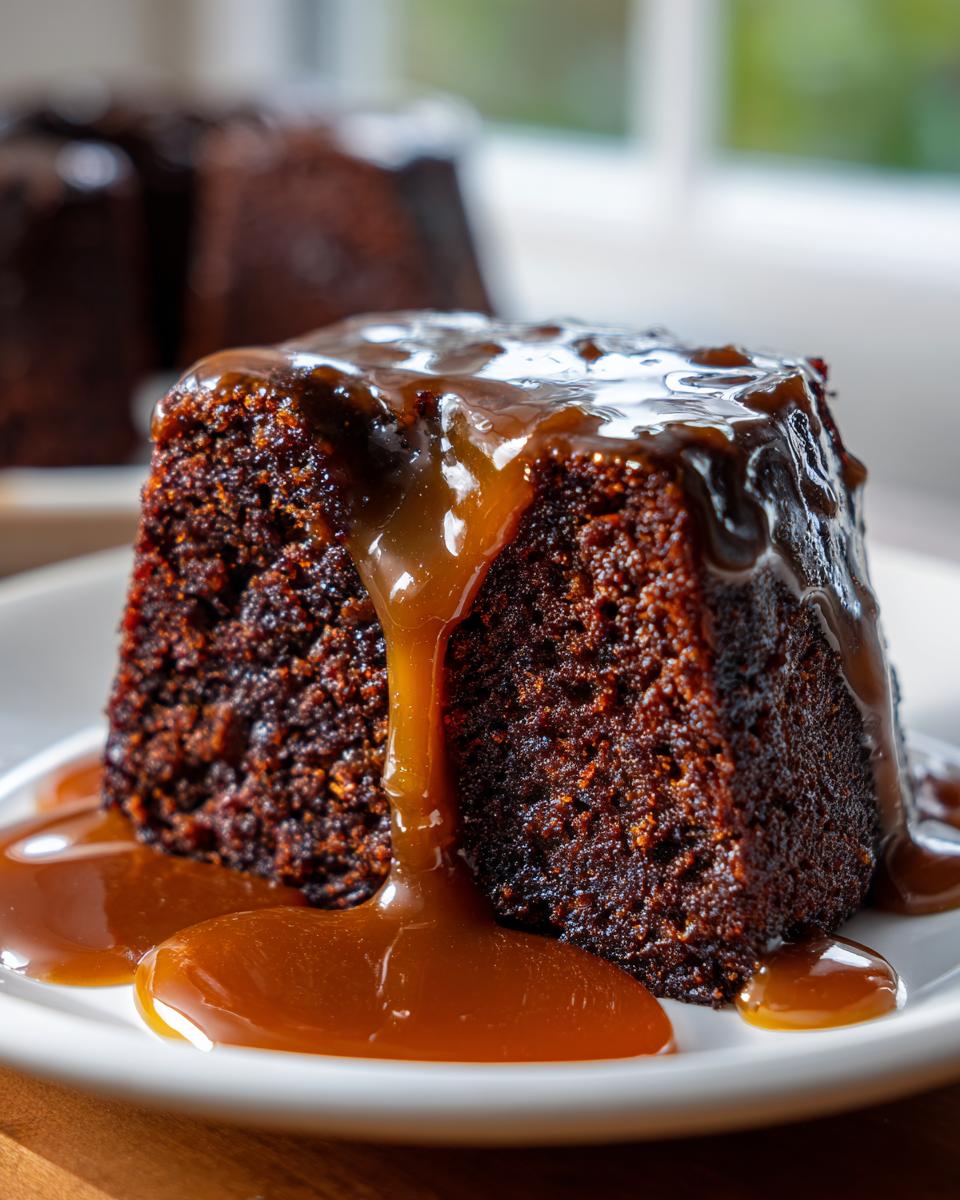 Close-up of a rich, dark sticky toffee pudding recipe slice drenched in warm toffee sauce.