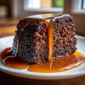 Close-up of a rich, dark sticky toffee pudding recipe slice drenched in warm toffee sauce.