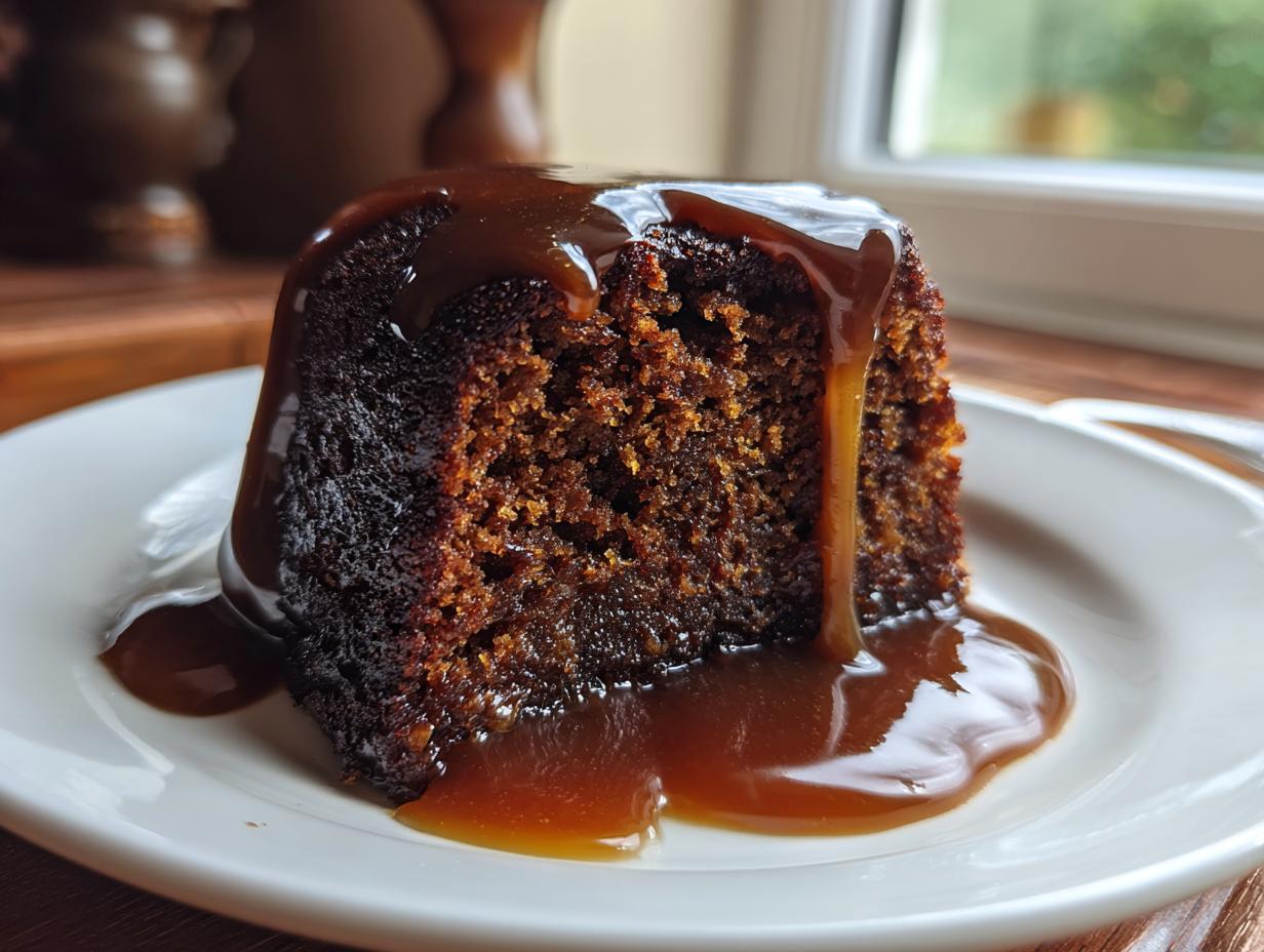 A close-up of a rich, dark slice of sticky toffee pudding recipe smothered in warm toffee sauce.
