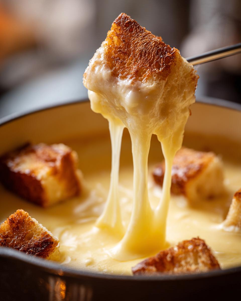 A piece of toasted bread being lifted from a pot of creamy, stretchy cheese fondue.