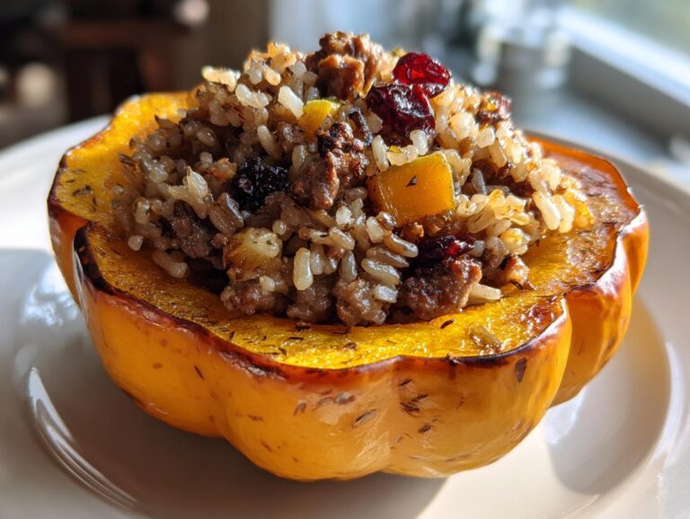 A close-up of a roasted half of stuffed acorn squash filled with rice, ground meat, and dried cranberries.