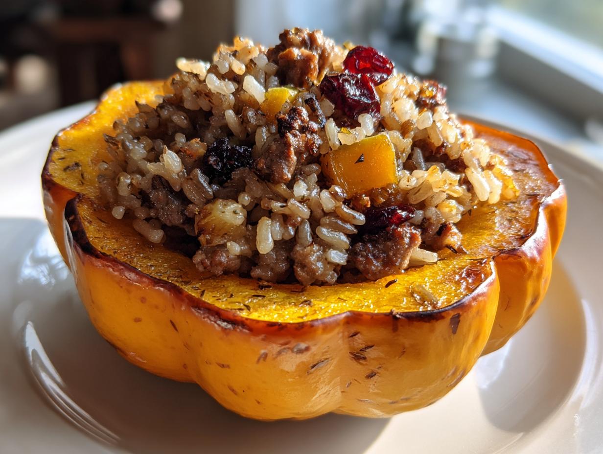 A close-up of a roasted half of stuffed acorn squash filled with rice, ground meat, and dried cranberries.