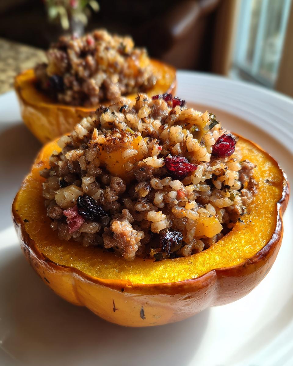 A close-up of a halved, roasted acorn squash filled with a savory stuffing, perfect for a stuffed acorn squash recipe.