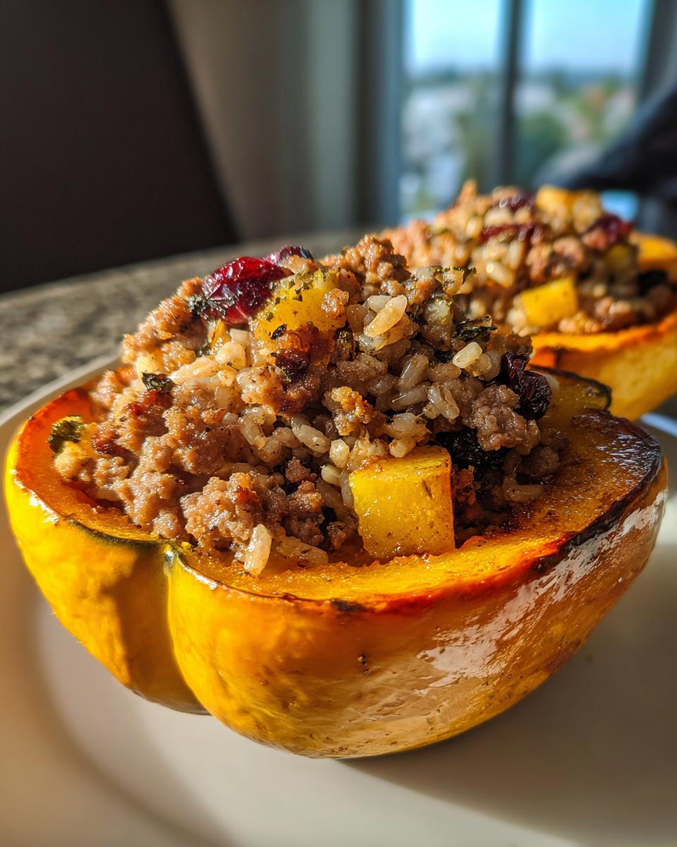 A close-up of a roasted acorn squash half filled with a savory stuffing made of ground meat, rice, and dried cranberries, highlighting the stuffed acorn squash.