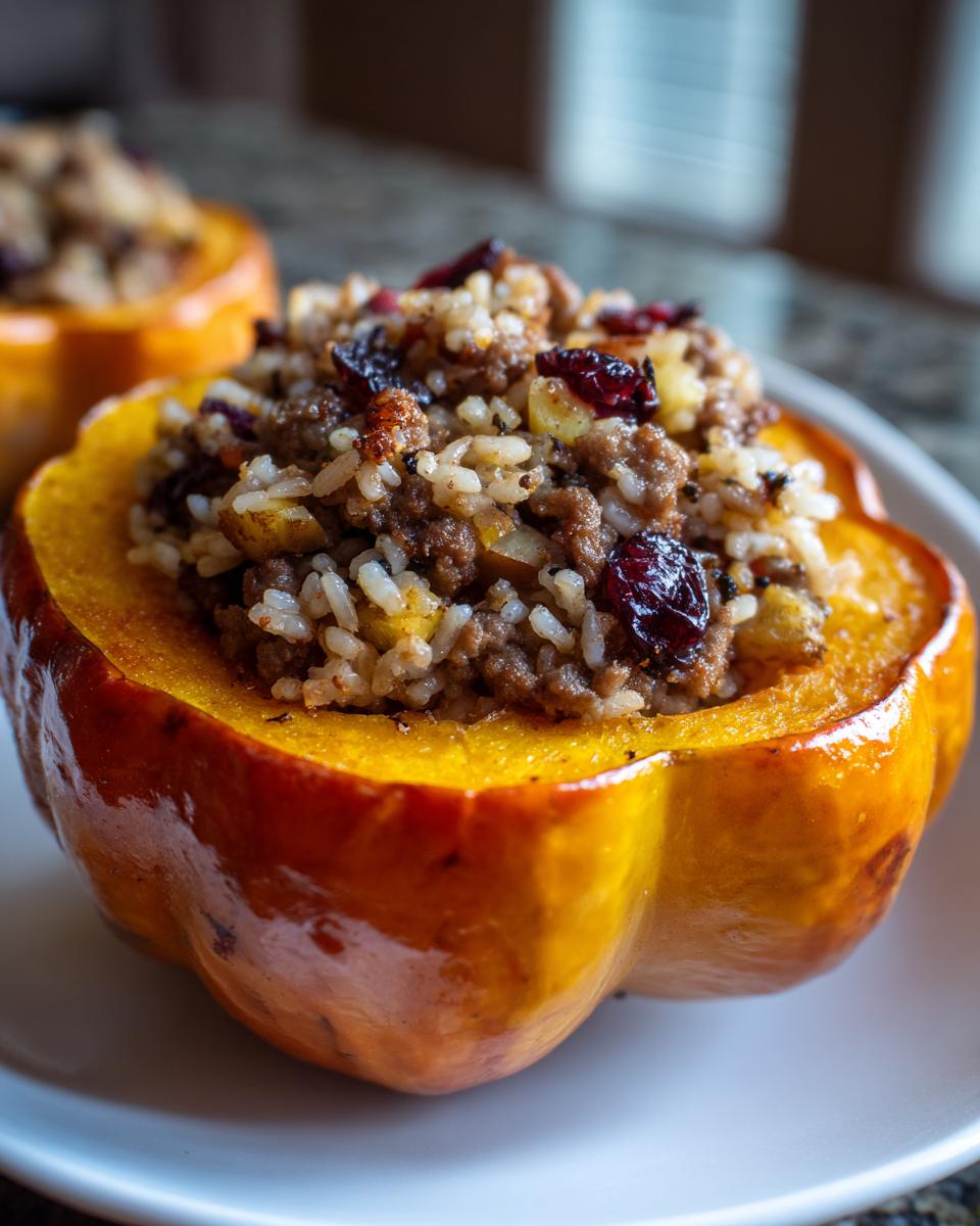 A close-up of a roasted stuffed acorn squash half filled with a savory mixture of rice, ground meat, and dried cranberries.