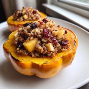 A close-up of a roasted acorn squash half filled with a savory stuffing, featuring rice, ground meat, apples, and dried cranberries, making a perfect stuffed acorn squash.