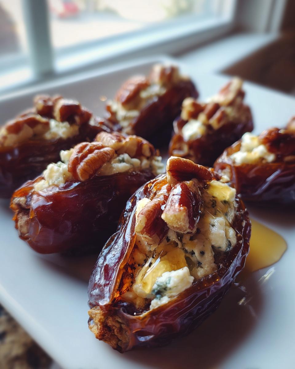 Close-up of several glossy stuffed dates filled with blue cheese, topped with pecans, and drizzled with honey.