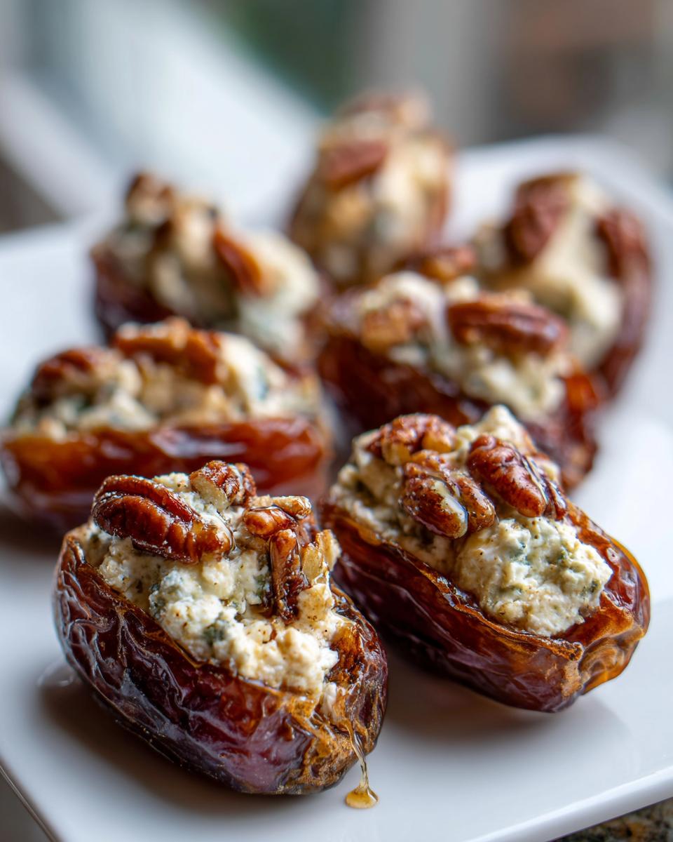 Close-up of sweet and savory stuffed dates filled with creamy blue cheese mixture and topped with pecans.