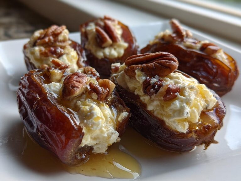 Four delicious stuffed dates filled with creamy cheese, topped with pecans, and drizzled with honey.