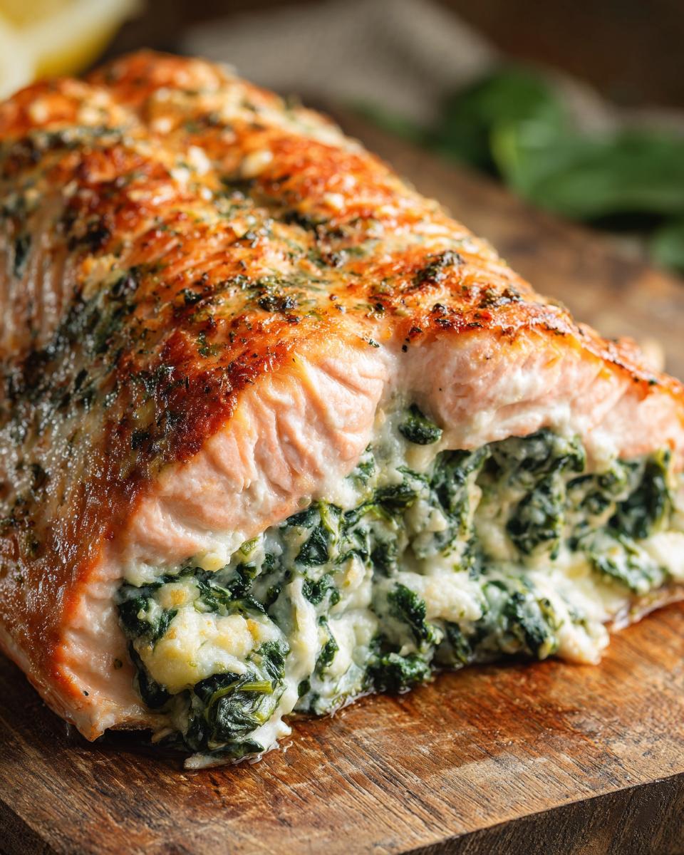 Close-up of a perfectly cooked stuffed salmon fillet, showing the creamy spinach filling spilling out slightly.