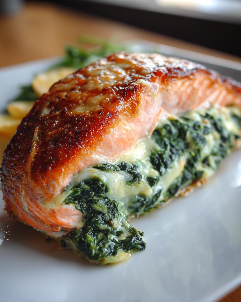 Close-up of a perfectly seared stuffed salmon fillet oozing creamy spinach filling onto a white plate.