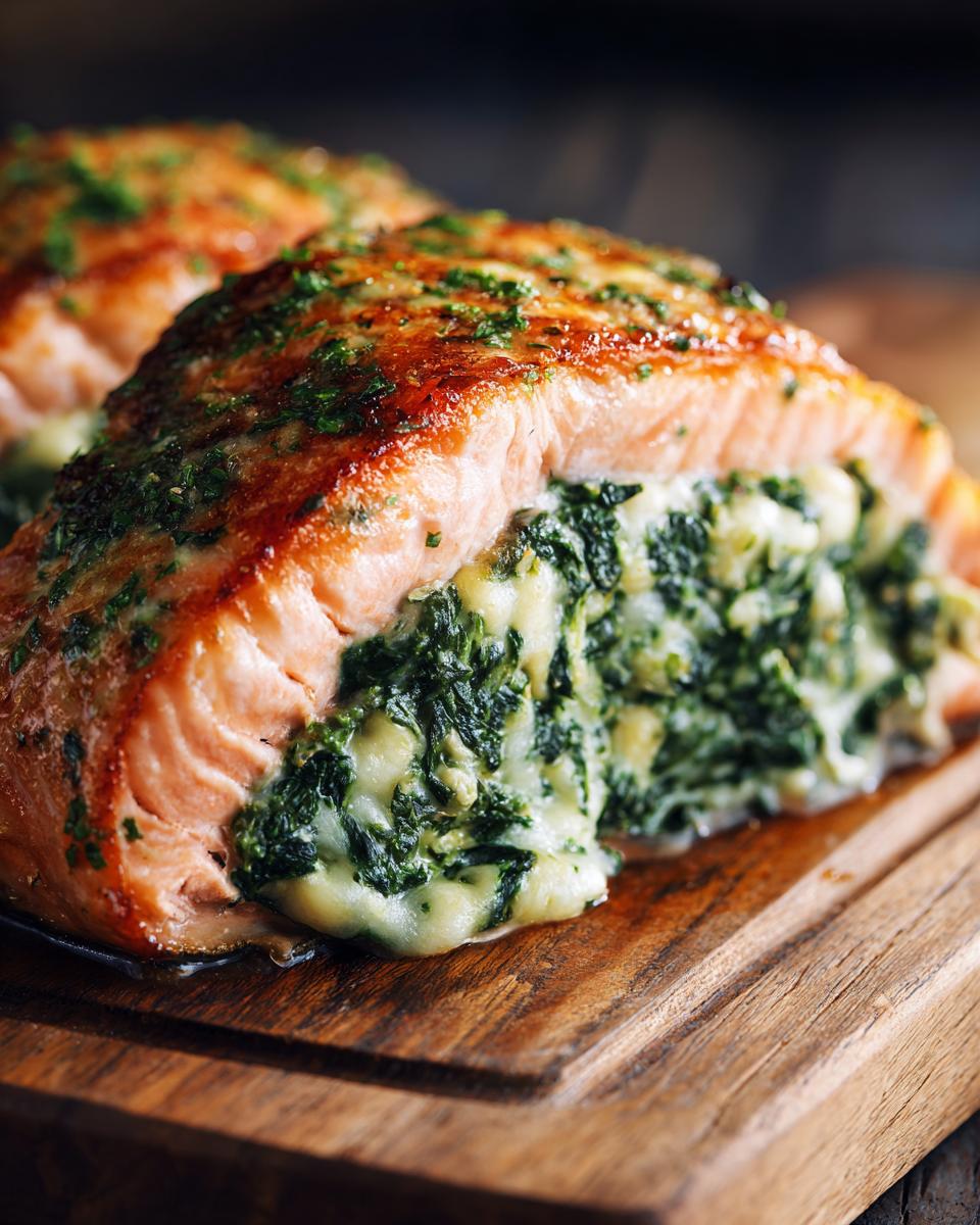 A close-up of perfectly cooked stuffed salmon, showing the rich, creamy spinach filling spilling out slightly.