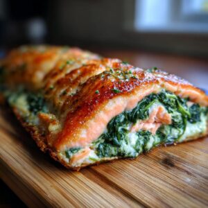 Close-up of a perfectly baked stuffed salmon fillet with a golden crust and a rich spinach and cheese filling.