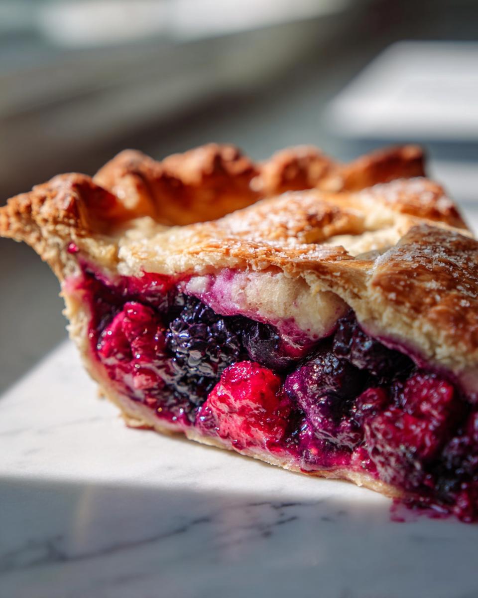 Close-up of a thick slice of berry pie showing a vibrant, set filling of blackberries and raspberries inside a golden, flaky crust.