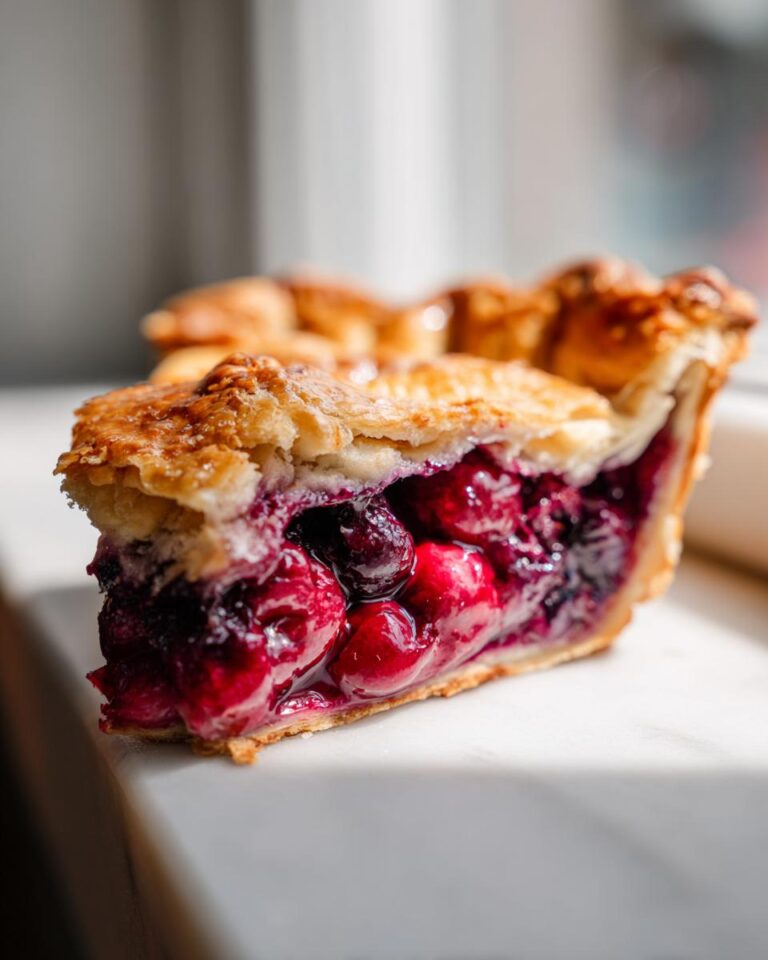 Close-up of a thick slice of berry pie showing juicy, set red and dark berry filling inside a flaky golden crust.