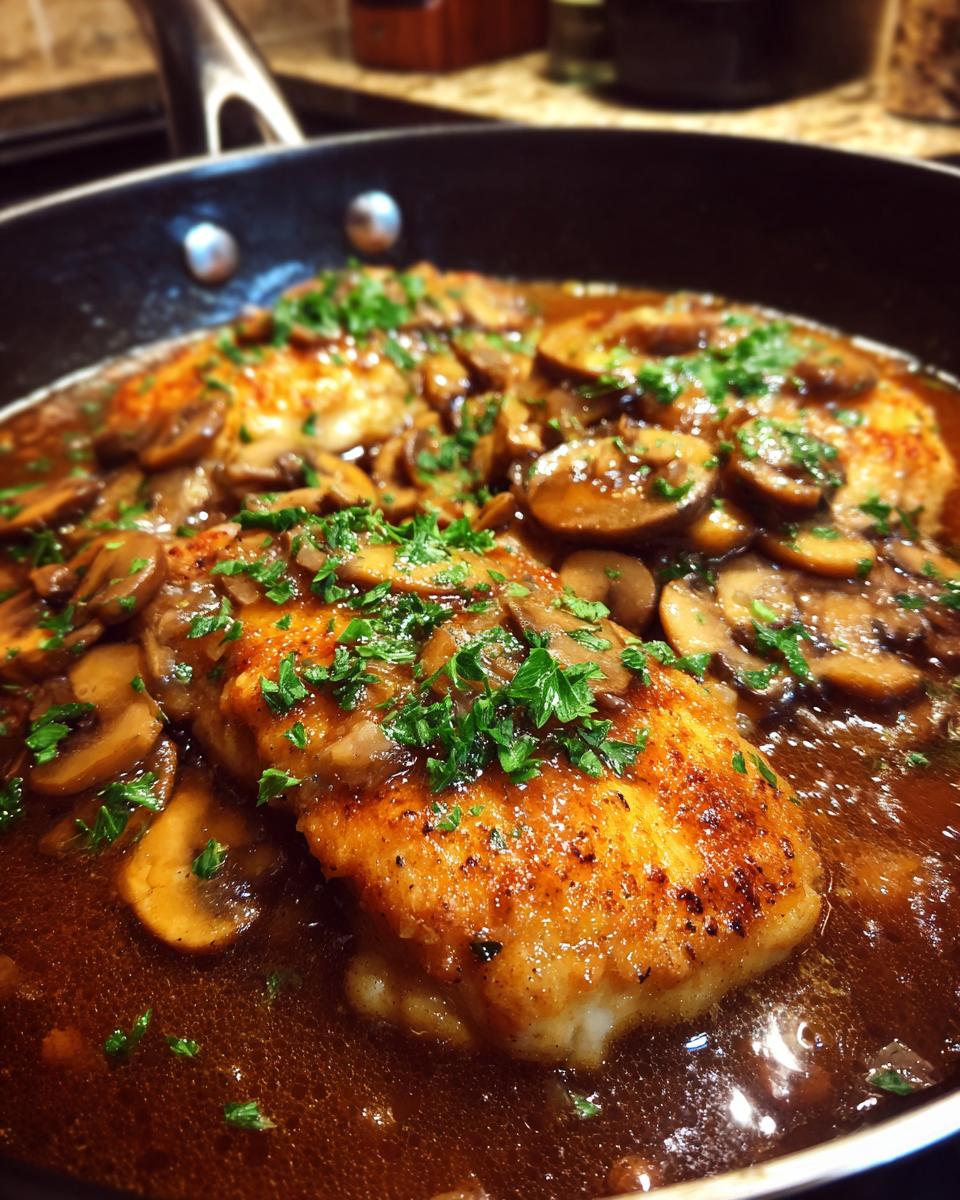 Close-up of golden-brown chicken marsala fillets simmering in a rich, dark mushroom sauce and garnished with fresh parsley.
