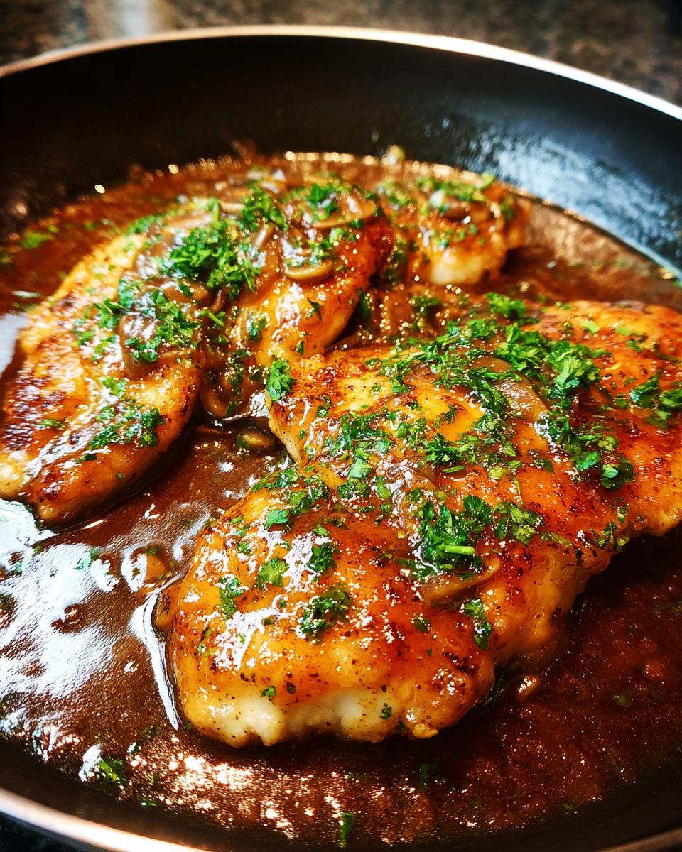 Close-up of pan-seared chicken marsala fillets covered in rich brown mushroom sauce and fresh parsley.