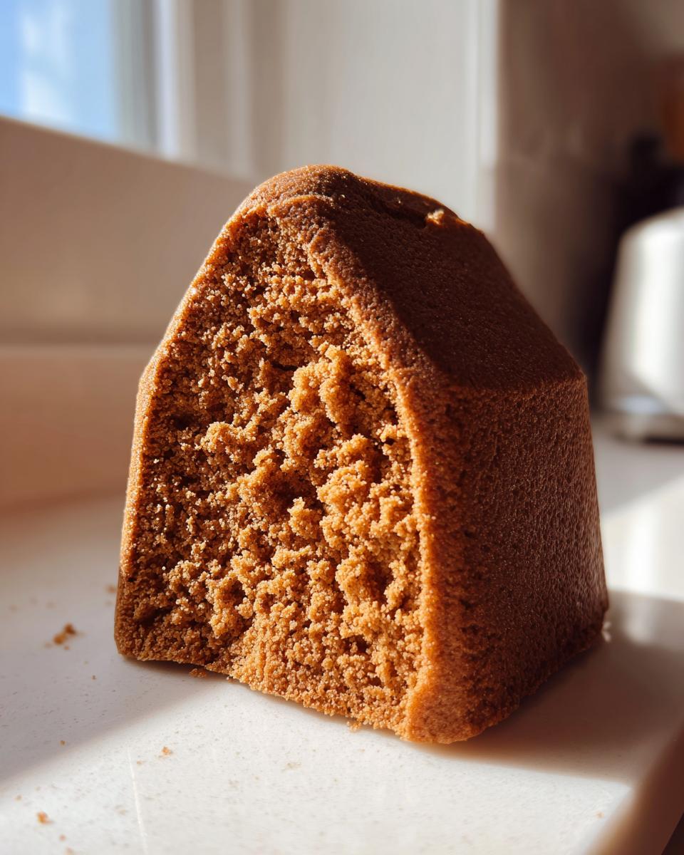Close-up of the dense, sturdy crumb texture of a piece of gingerbread used for a gingerbread house recipe.