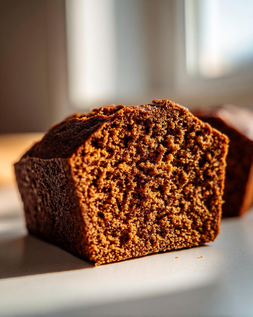 Close-up of a dark brown, moist slice of cake showing a dense, porous crumb structure, likely from a gingerbread house recipe.