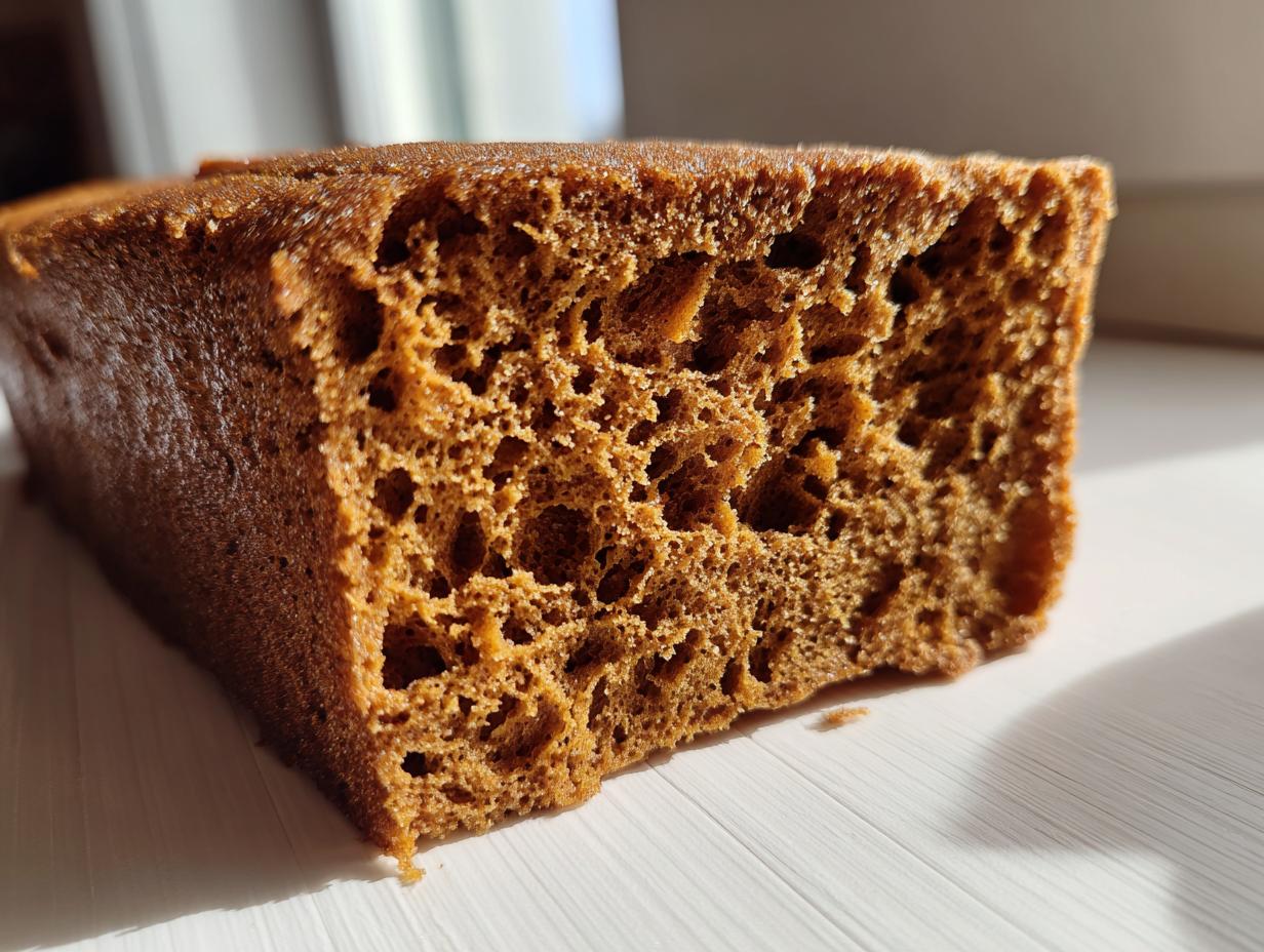 Close-up cross-section showing the airy, porous texture of the sturdy gingerbread house recipe dough.