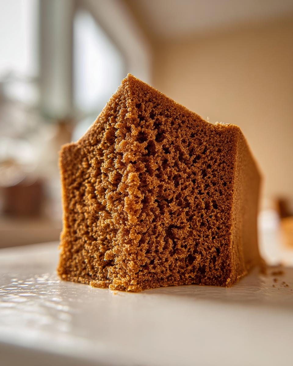 Close-up of a thick, brown, porous slice of baked good shaped like a house wall, illustrating the texture for a gingerbread house recipe.