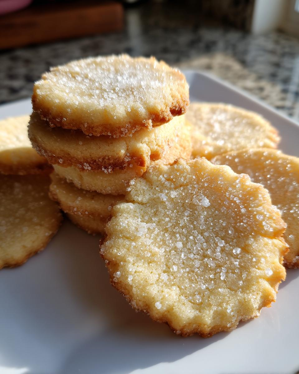 A close-up of golden, round butter cookies stacked and scattered on a white plate, heavily coated in sparkling sugar crystals.