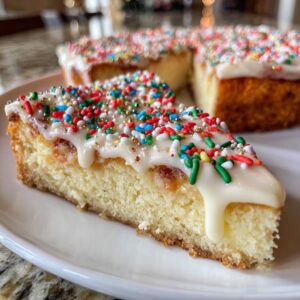 A close-up slice of sugar cookie cheesecake topped with thick white icing and colorful holiday sprinkles.