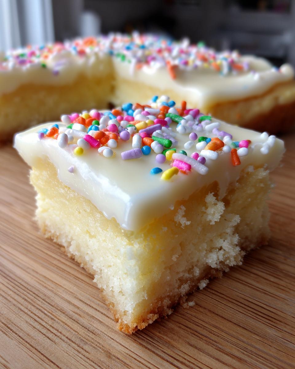 Close-up of a square slice of sugar cookie cheesecake topped with white glaze and colorful sprinkles.