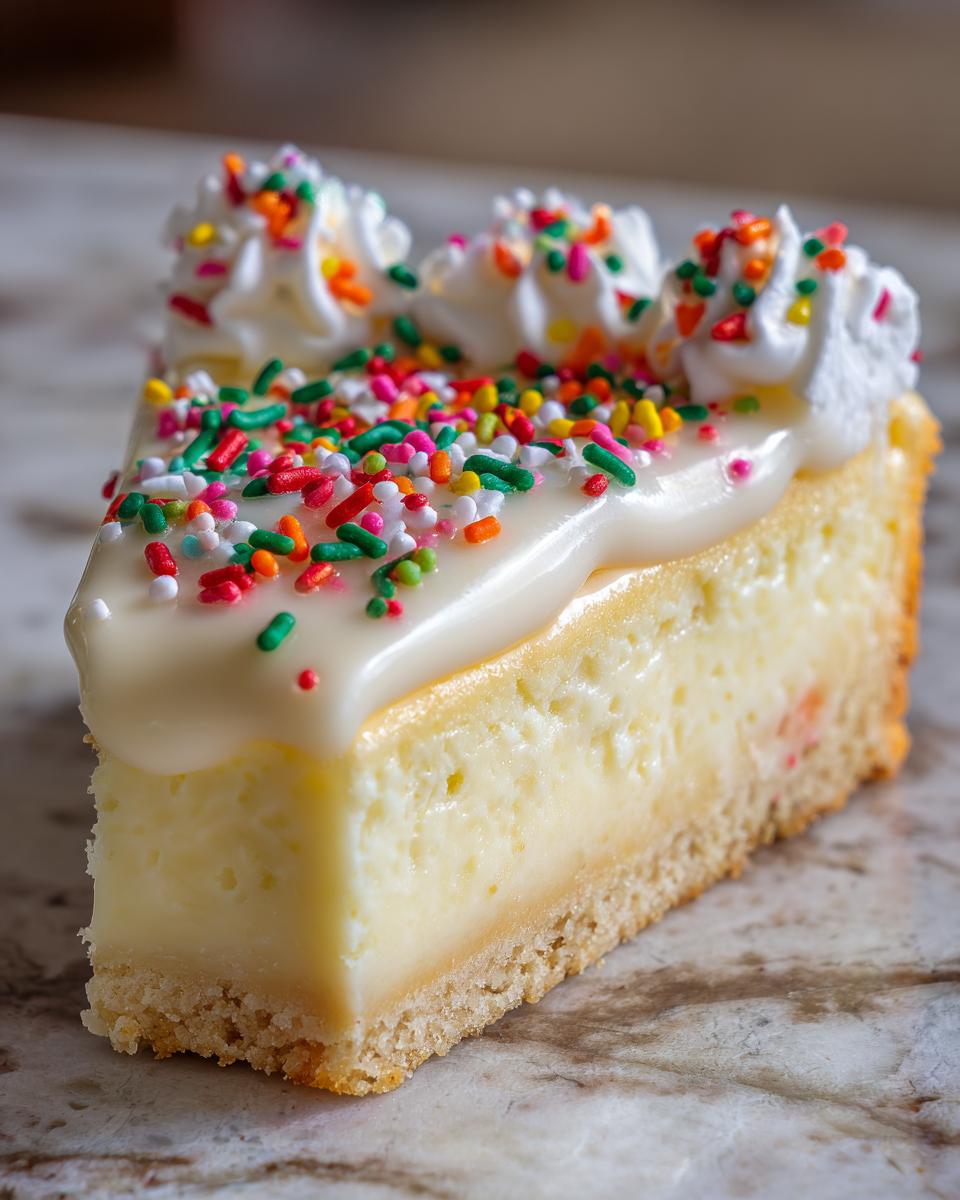 Close-up of a decadent slice of sugar cookie cheesecake topped with white frosting, whipped cream, and colorful sprinkles.