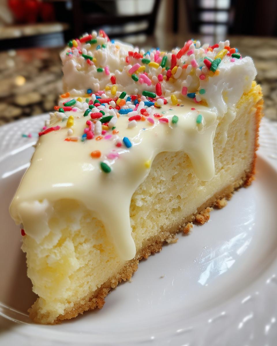 A close-up of a slice of sugar cookie cheesecake topped with white glaze and colorful sprinkles.