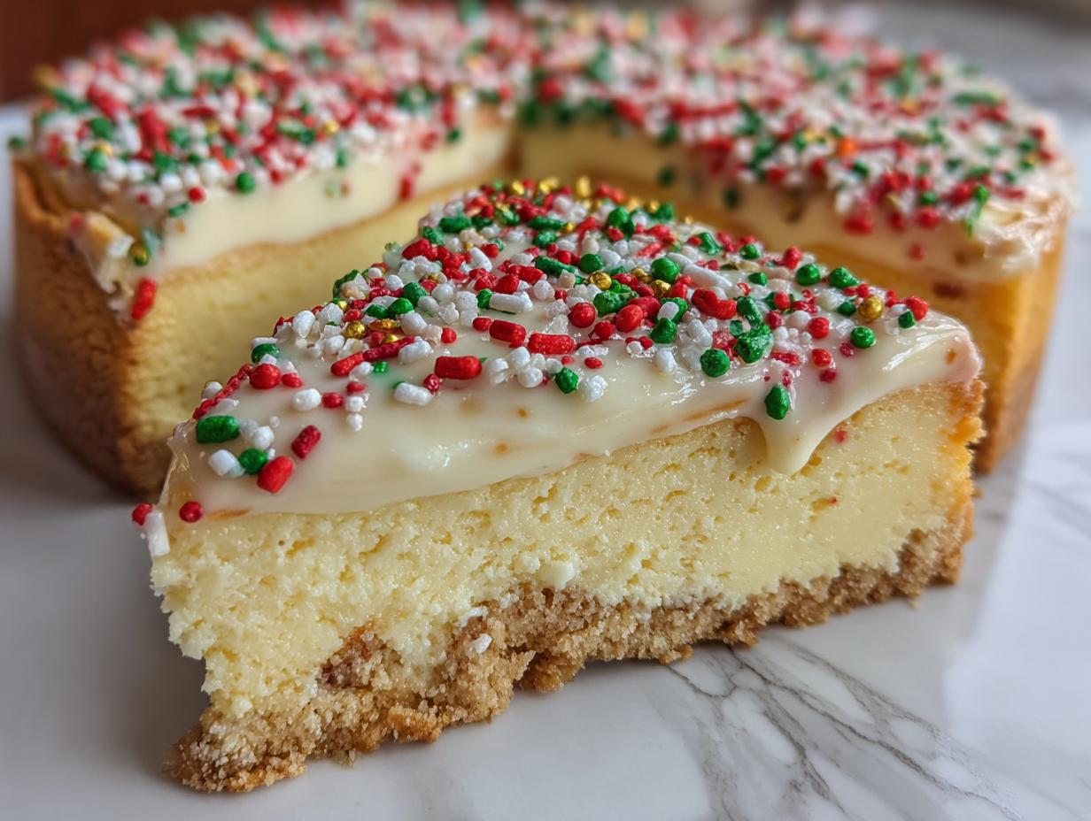 A close-up of a slice of sugar cookie cheesecake topped with white glaze and festive red, green, and white sprinkles.