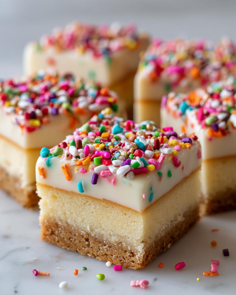 A close-up of a square slice of sugar cookie cheesecake topped with white frosting and colorful sprinkles.