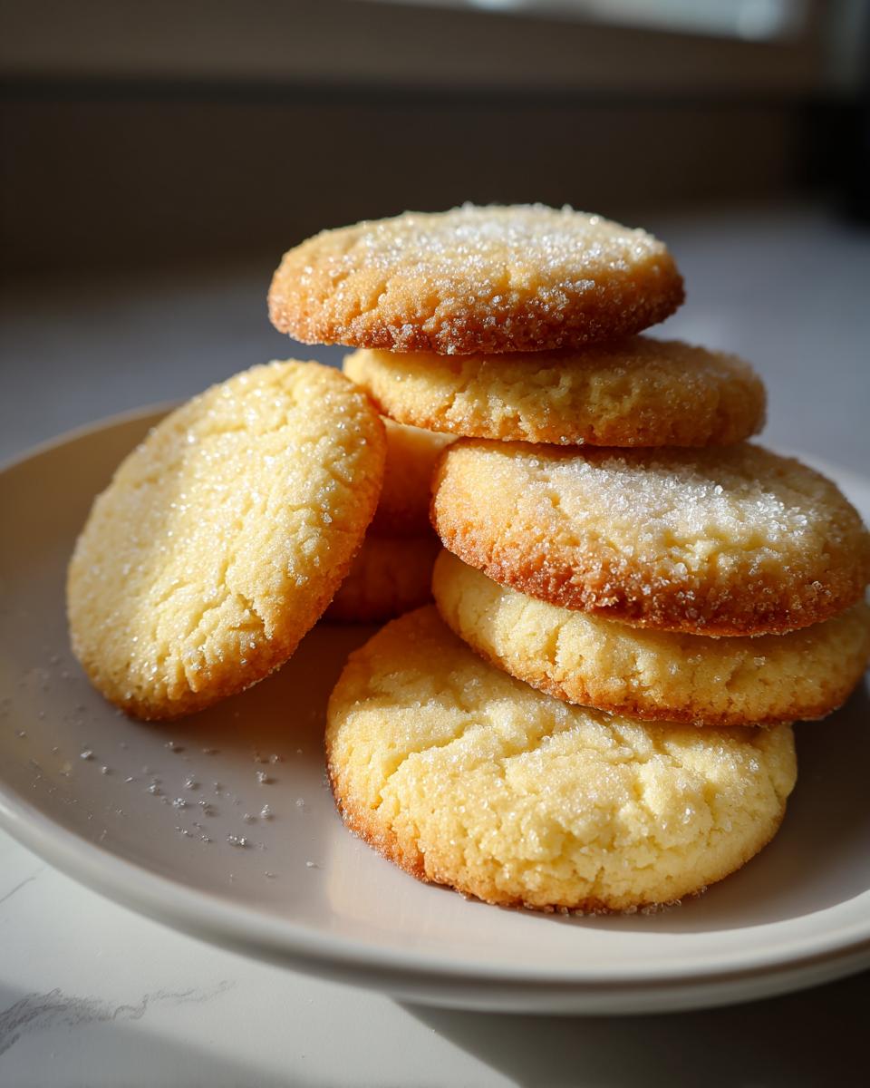 A stack of freshly baked, golden butter cookies sprinkled generously with granulated sugar.