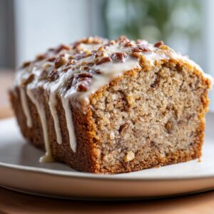 A close-up view of a freshly baked loaf of sweet Alabama pecan bread topped with a thick vanilla glaze and chopped pecans.