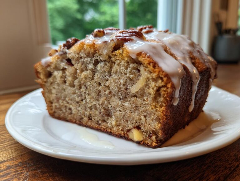 A close-up of a thick slice of sweet Alabama pecan bread topped with white glaze and pecans.