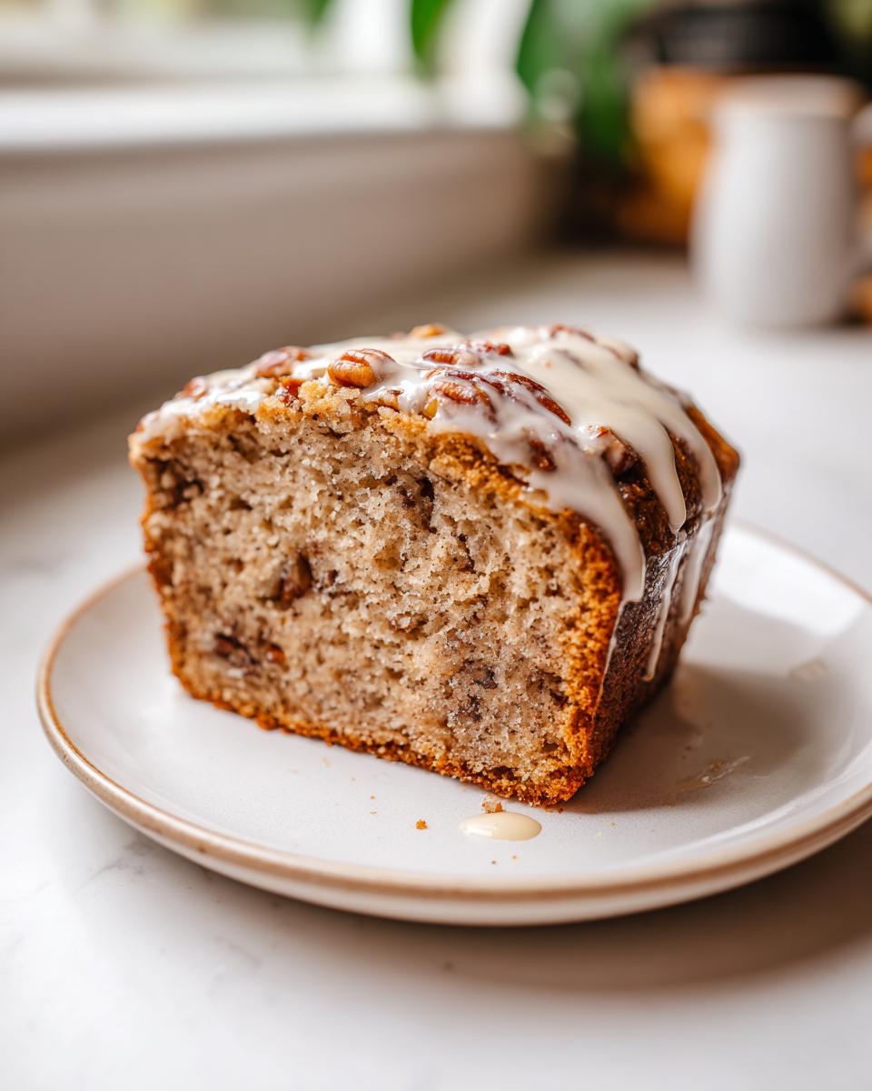 A close-up of a moist slice of sweet Alabama pecan bread topped with white glaze and pecans.