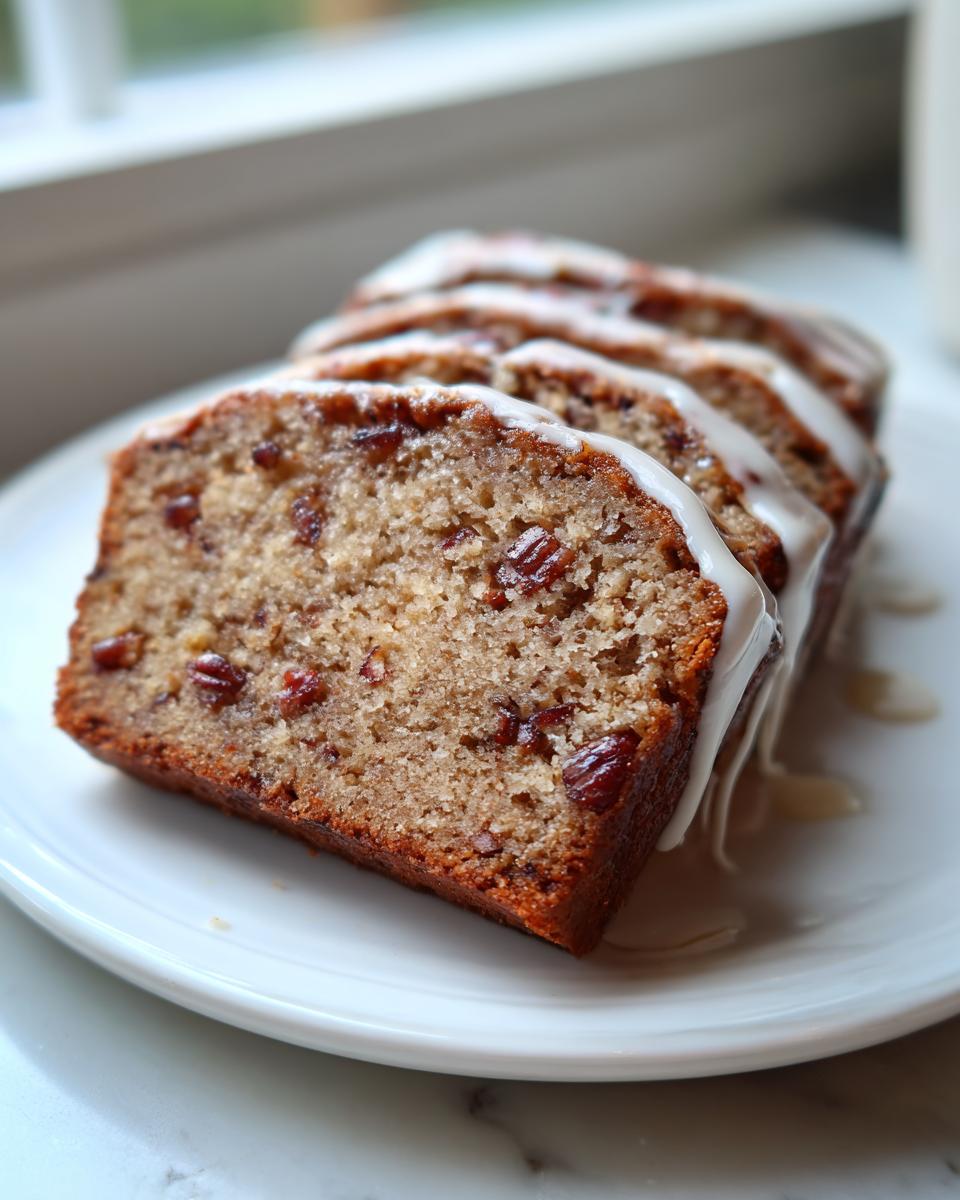 Close-up of four slices of sweet Alabama pecan bread drizzled with white icing on a white plate.