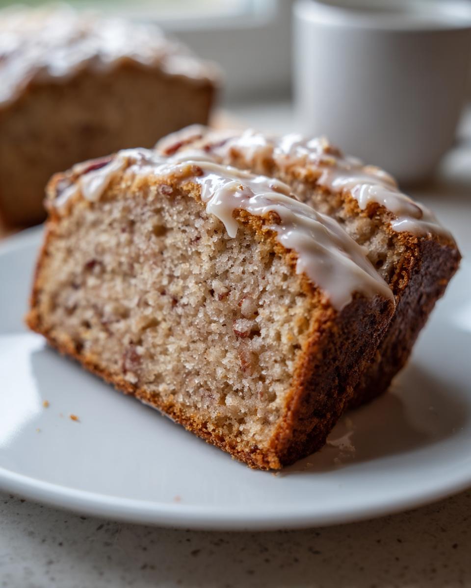 Two slices of moist sweet Alabama pecan bread topped with a vanilla glaze, served on a white plate.
